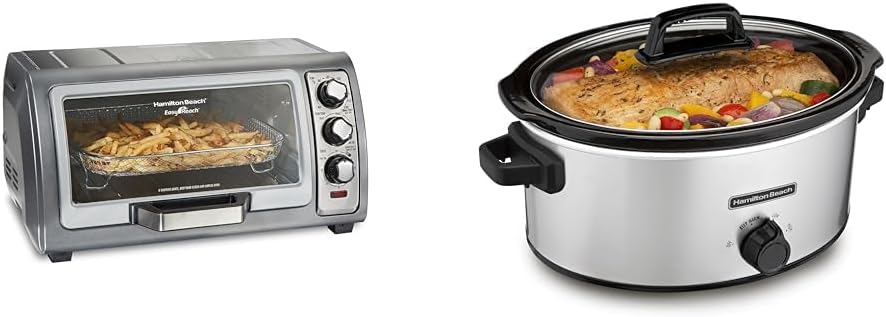 Hamilton Beach Toaster Oven Air Fryer Combo with Large Capacity & 6-Quart Slow Cooker with 3 Cooking Settings, Dishwasher-Safe Stoneware Crock & Glass Lid, Silver (33665G)