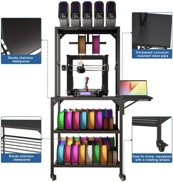 3D Printer Stand with Filament Storage, Heavy Duty 3D Printer Table, Spool Holder Cart with Wheels,for Garage Workshop, Printer Desk & 3D Printing Accessories for Workshop Studio Office