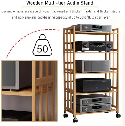 Modern 4-Tier Hi-Fi Stereo Stand with Wheels - Adjustable Audio Equipment Rack for Media Devices Home Theater and Entertainment Center - Stylish & Functional De