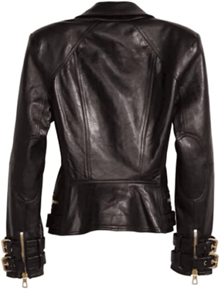 SKY-SELLER Women's Rose Gold Brando Leather Jacket - Ladies Motorcycle Studded Black Biker Jacket