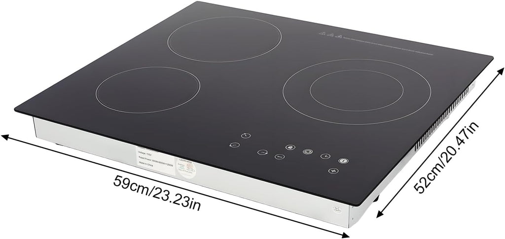 3 Burners Electric Cooktop 24 Inch Countertop & Built-in Electric Stove Top 110V 2600W Ceramic Cooktop Portable with Child Safety Lock & LCD Control Panel, 9 Heating Level (No Plug)