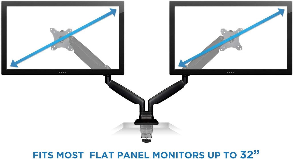 Mount-It! Dual Monitor Arm Mount | Desk Stand | Two Articulating Gas Spring Height Adjustable Arms | Fits 2 x 24 27 29 30 32 Inch VESA 75 100 Compatible Screens | C-Clamp and Grommet Bases (Black)