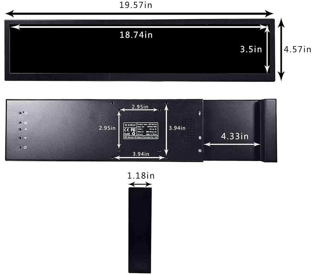 VSDISPLAY 19 Inch IPS Stretched Bar LCD Display 1920x360 Autoplay Monitor for Advertising Extra Display Gaming Cabinet Topper Monitor with USB Ports