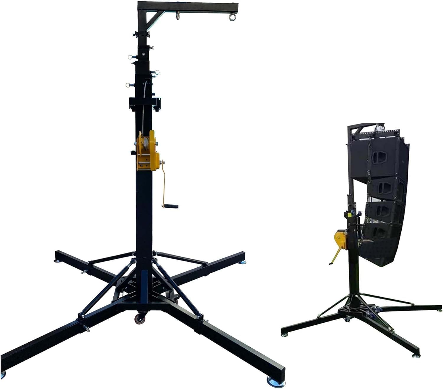 Two Loudspeaker Box Steel Audio Stands Heavy Duty Telescoping Crank Up Sound Speaker Bracket 6.5-19.6ft Height with Outriggers Hanging Line Array System Lifting Support 550LB Load for DJ Bars