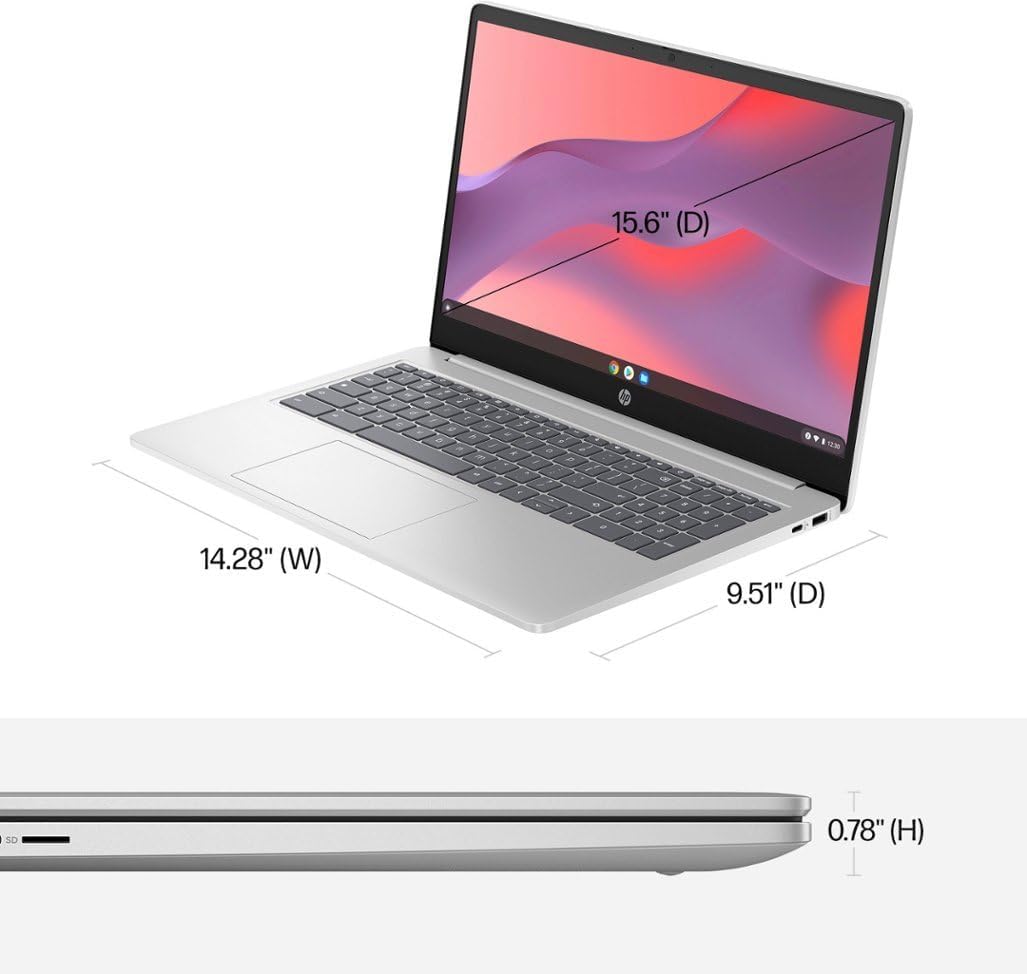 HP 15.6'' HD Chromebook Laptop, Intel Processor N200, 8GB RAM, 64GB eMMC + 64GB Card, Webcam, WiFi, Zoom Meeting, Bluetooth, USB-A&C, Chrome OS- Natural Silver