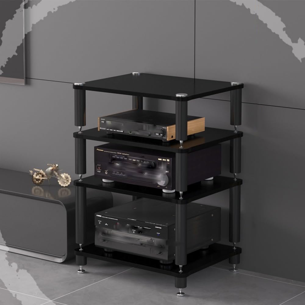 HiFi Rack 3 Tier AV Media Stand Wood Shelf, Record Player Stand Stereo Cabinet, Audio Tower, Media Console Storage Shelf, Audio Video Components (Black, 4-Tier(60x48x80cm))