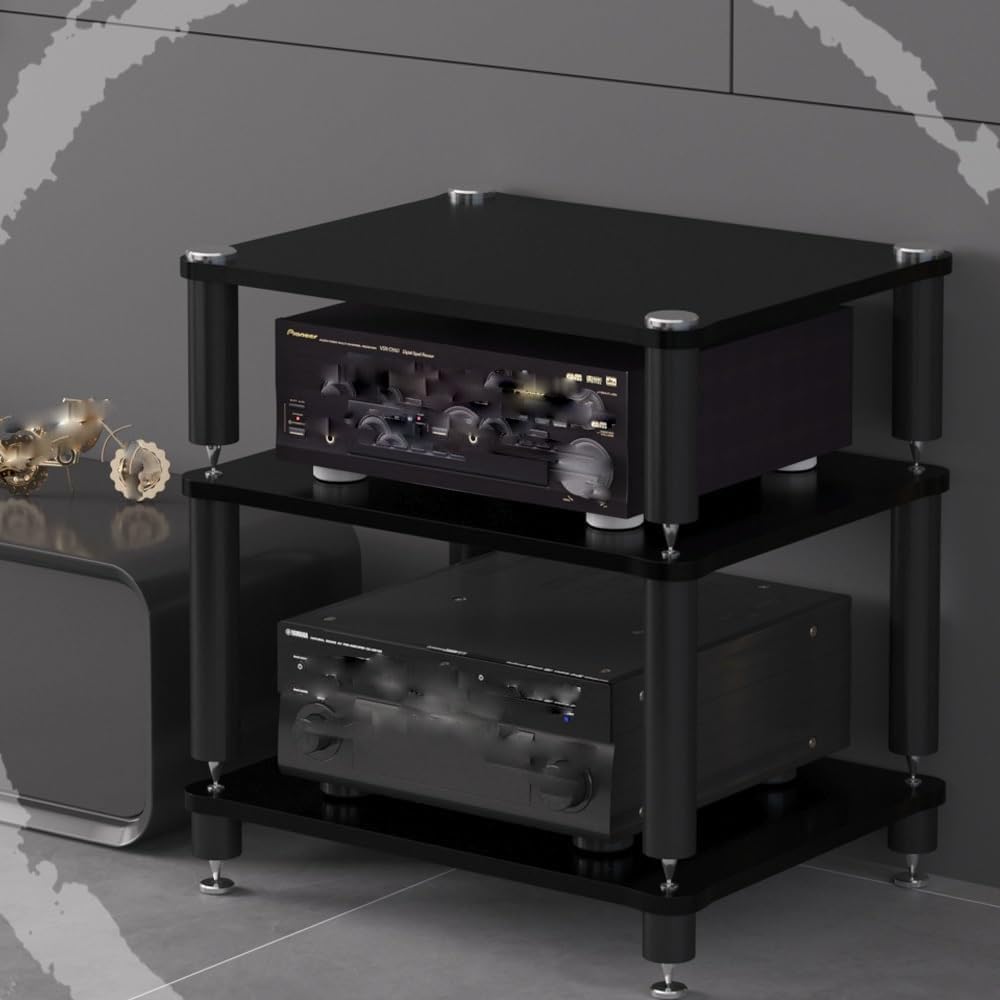 HiFi Rack 3 Tier AV Media Stand Wood Shelf, Record Player Stand Stereo Cabinet, Audio Tower, Media Console Storage Shelf, Audio Video Components (Black, 3-Tier(60x48x60cm))