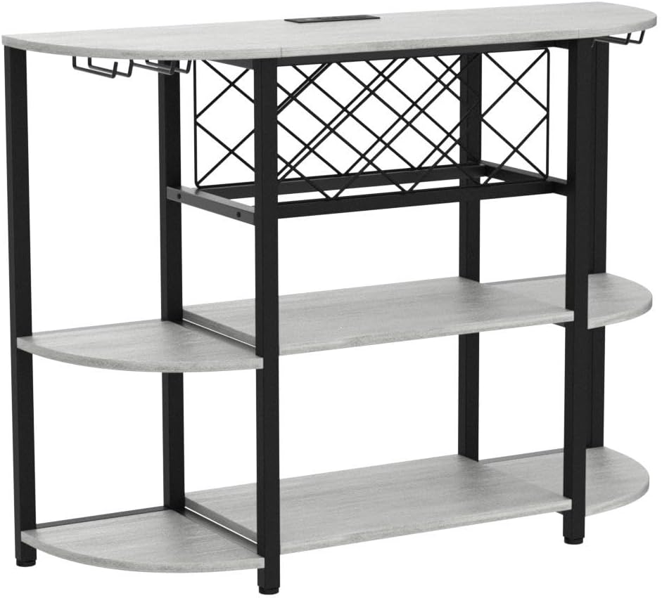 Unikito 4-Tier Metal Coffee Bar Cabinet with Outlet and LED Light, Freestanding Floor Table for Liquor Glass Holder Wine Rack Storage, Bakers Kitchen Dining Room, White Oak