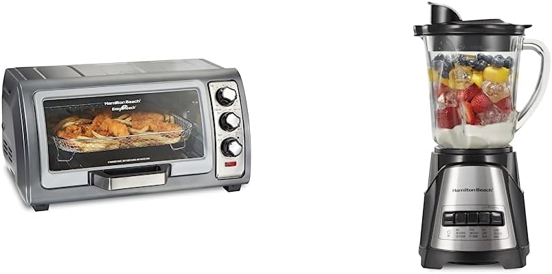 Hamilton Beach Air Fryer Countertop Toaster Oven, Stainless Steel & Power Elite Wave Action Blender, Stainless Steel Ice Sabre-Blades, Black (58148A)