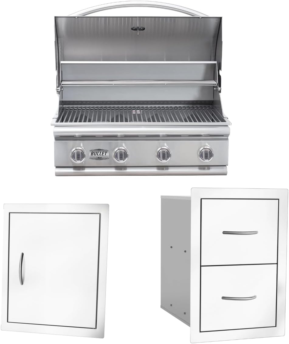Bullet by Bull Stainless Steel Outdoor Kitchen Grill Set - Built-In Liquid Propane Grill -BBQ Kitchen Island Bundle - Includes 4 Burner Grill, Side Burner Single Access Door & Double Storage Drawer