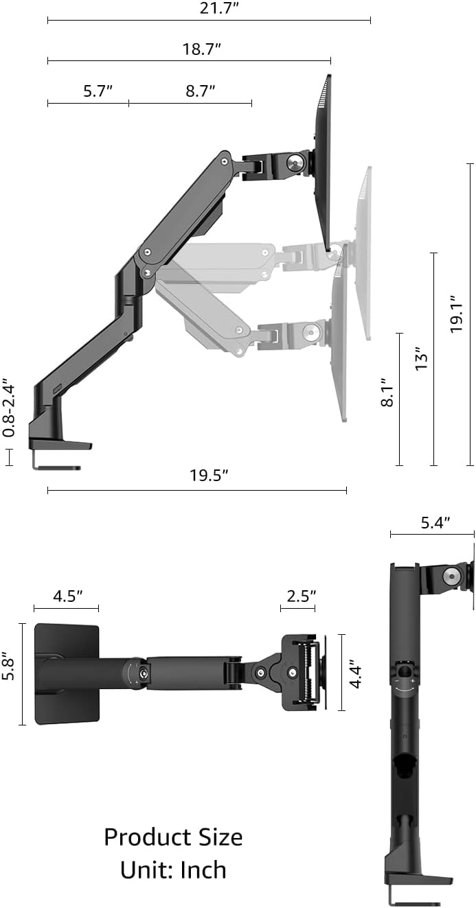 Monitor Arm Desk Mount Fits Curved Ultrawide Monitors Full Motion Height Swivel Tilt Rotation Adjustable Monitor Arm Up to 43 Inches,Weight Capacity Up to 33 lbs（S515 Black）