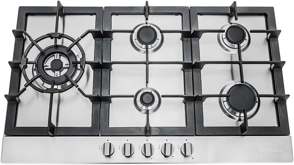 COSMO 850SLTX-E 30 in. Gas Cooktop with 5 Burners, Counter-Top Cooker with Cast Iron Grate Stove-Top, Melt-Proof Metal Knobs in Stainless Steel