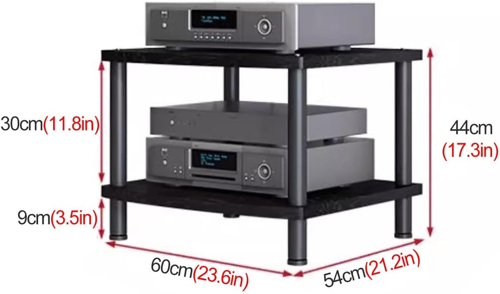Heavy Duty HiFi Audio Video Stand - Modern 3-Tier Stereo Rack Media Cabinet for Living Room - Durable Black Home Electronics Storage Solution, H 44cm, Ideal for AV Equipment