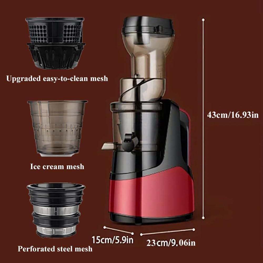 Centrifugal Juicer Machines,3.2' Large Feed Chute For Whole Fruits & Vegetables,Stainless Steel Slow Masticating Juicer,Easy To Clean,7-Segment Spiral Shaft,3 Strainers,Red