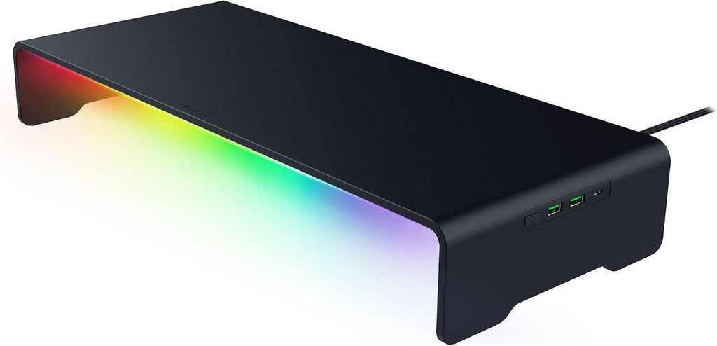 Razer Monitor Stand Chroma: 4 Port Hub - USB A 3.2, USB C 3.2, HDMI 2.0 - Ergonomic Height - Durable Aluminum Supports Up to 44 lbs - Organize Storage Shelf - Remappable RGB Buttons - Chroma RGB
