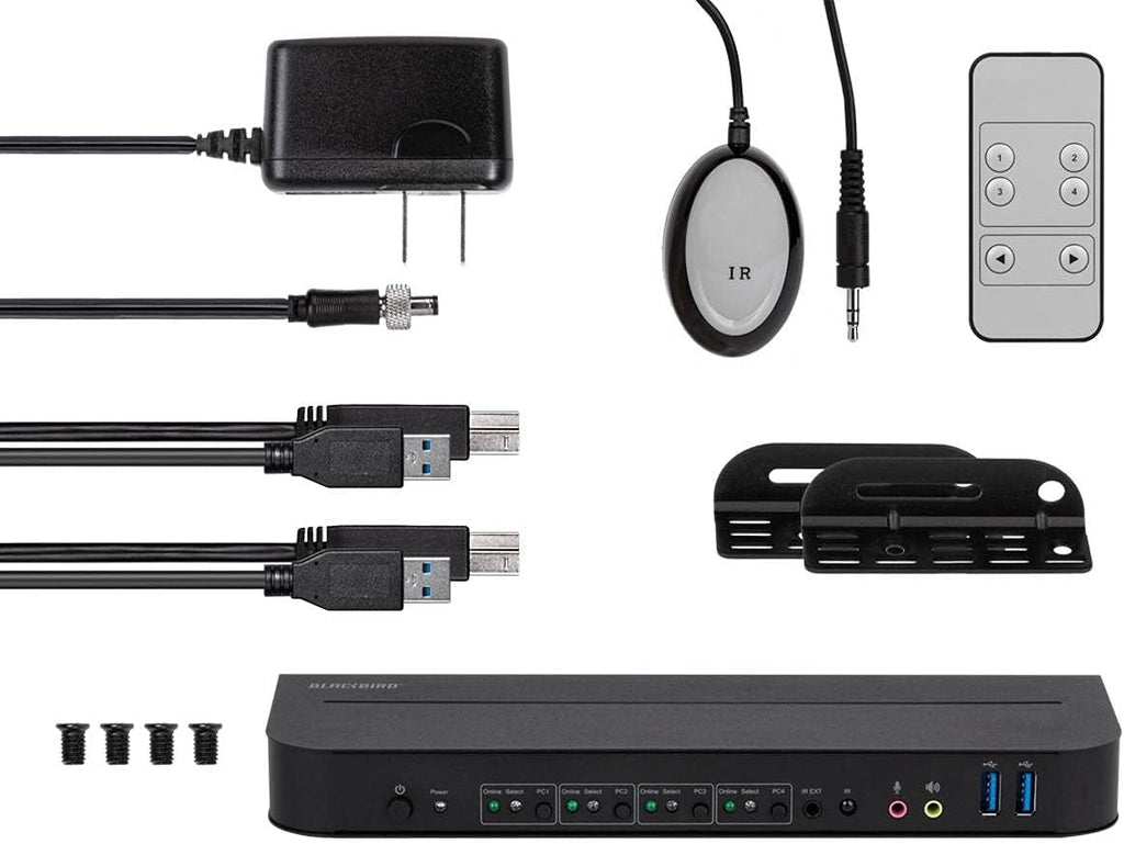 Monoprice 4K DisplayPort 1.4 and USB 3.0 4x1 KVM Switch - 4K@60Hz, 18 Gbps, HDR, YCbCr 4:4:4, HDCP 2.2, HDMI 2.0, Share 4 Computers with 1 Keyboard Mouse, Monitor, Printer, Black - Blackbird Series