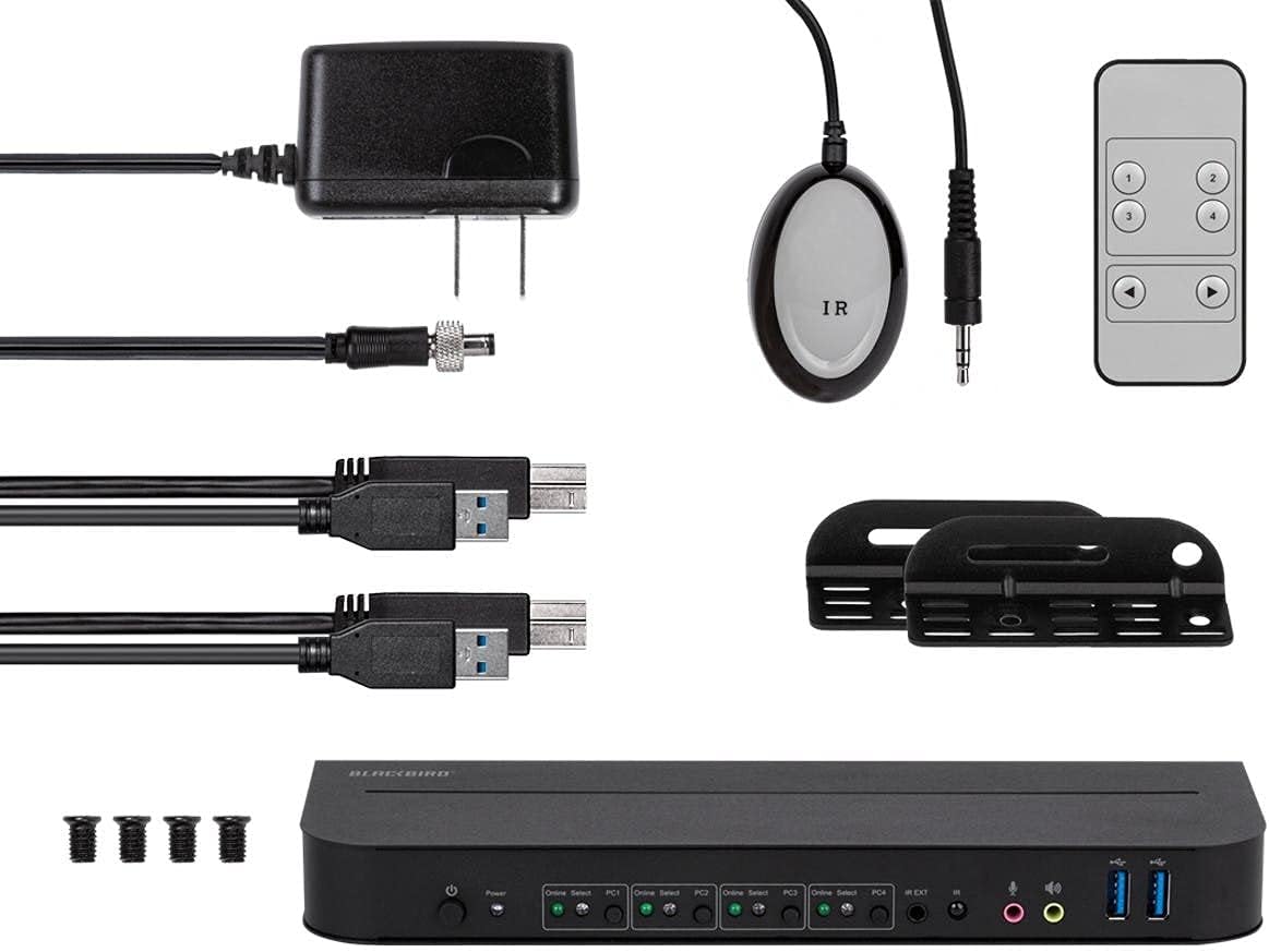 Monoprice 4K DisplayPort 1.4 and USB 3.0 4x1 KVM Switch - 4K@60Hz, 18 Gbps, HDR, YCbCr 4:4:4, HDCP 2.2, HDMI 2.0, Share 4 Computers with 1 Keyboard Mouse, Monitor, Printer, Black - Blackbird Series