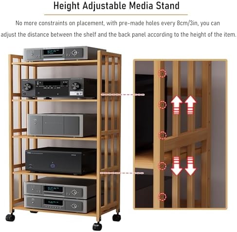 Modern 4-Tier Hi-Fi Stereo Stand with Wheels - Adjustable Audio Equipment Rack for Media Devices Home Theater and Entertainment Center - Stylish & Functional De