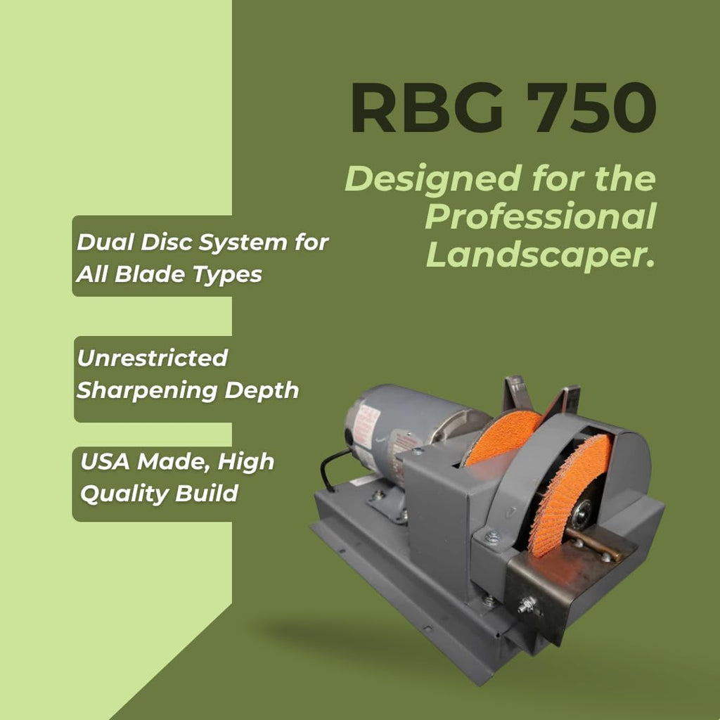 RBG 750 Dual Disc Blade Grinder & Sharpener, Mulching Blade Sharpener