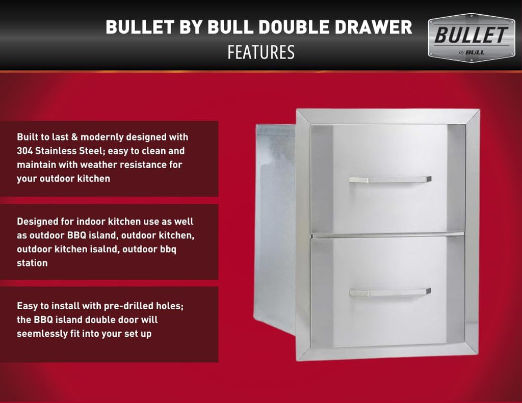 Bullet by Bull Stainless Steel Outdoor Kitchen Grill Set - Built-In Liquid Propane Grill -BBQ Kitchen Island Bundle - Includes 4 Burner Grill, Double Access Door & Double Storage Drawer