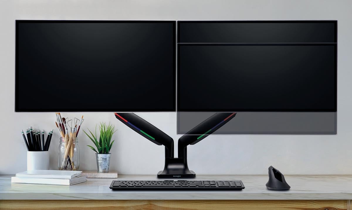 Kensington SmartFit One‑Touch Height Adjustable Dual Monitor Arm – Ergonomic Gas‑Spring Articulating Arm, Supports 13–34″ Monitors Cable Management, C‑Clamp/Grommet Mount – Black (K59601WW)
