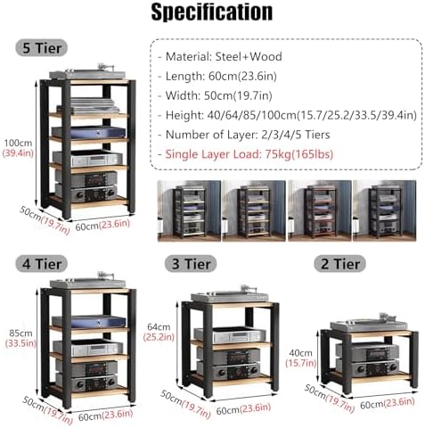 5-Tier Audio Equipment Rack Cabinet - Media Stand & Stereo Cabinet with Non-Slip Foot Pads, Vertical Printer Holder, Light Grey, 64cm (25.2in) High, AV Component Tower