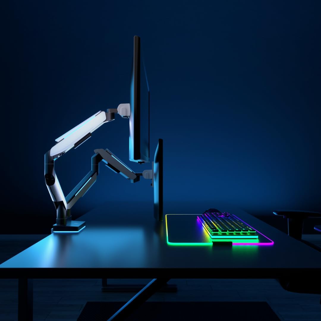 Mount-It! Heavy Duty Dual Monitor Arm up to 35 in. 44 lbs Screens, RGB Lights, 75x75 100x100 VESA Desk Mount for 2 Widescreen Curved Monitors 27 32 34 35 inches, Gas Spring, Clamp, Grommet, RGB Lights
