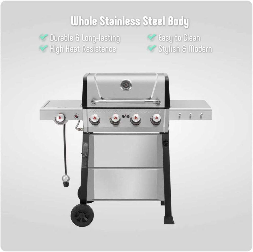 Feasto Propane Gas Grill, 36,000 BTU Outdoor Patio BBQ, Porcelain-Enameled Cookbox & Porcelain-Enameled Cast-Iron Grates, 559 Sq. In., Black (Black, 4) (Stainless Steel)