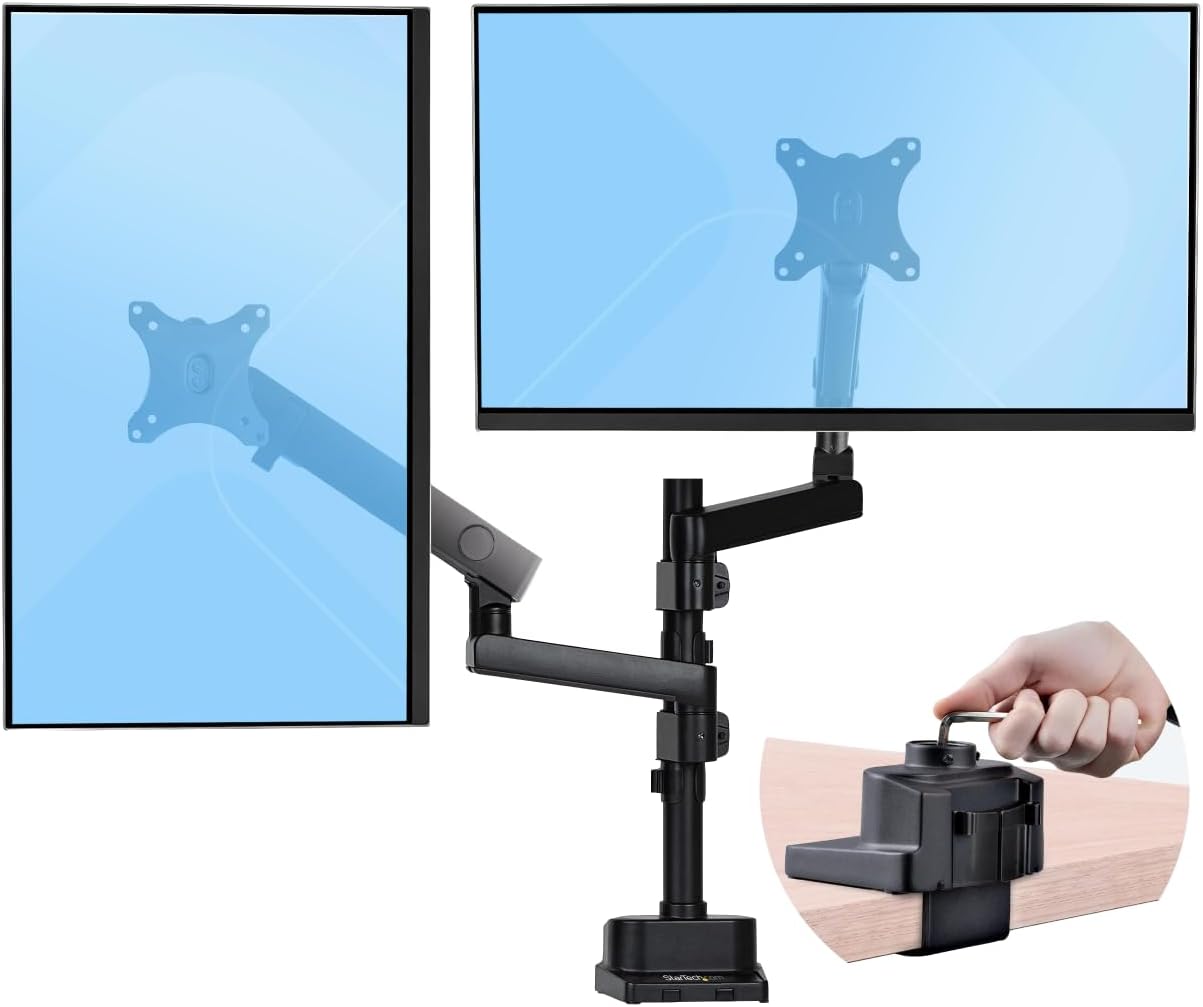 StarTech.com Desk Mount Dual Monitor Arm, Height Adjustable Mount for 2X VESA Displays up to 32' (17.6lb/8kg), Mechanical Spring