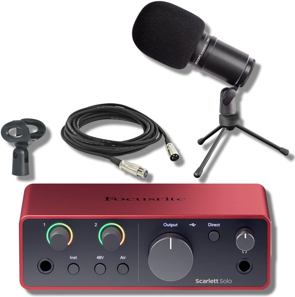 Focusrite Scarlett Solo 4th Gen USB-C Audio Interface Bundle with Zoom ZDM-1 Dynamic Mic, Desktop Tripod Stand, 10-Ft XLR — 24-Bit/192kHz Home Studio Kit for Podcasting, Voice Over, Streaming