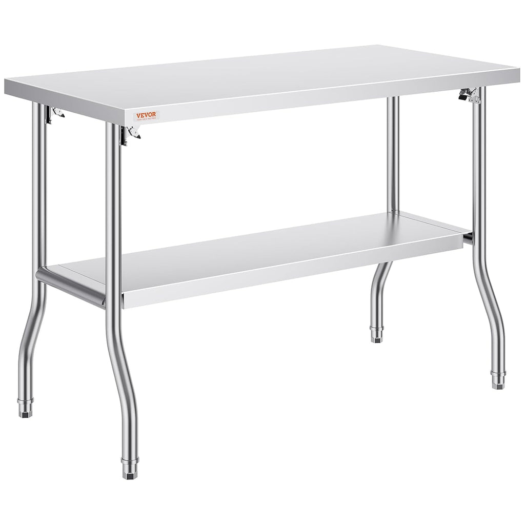 VEVOR Stainless Steel Foldable Work Table, 48 * 24 Inch Heavy Duty Food Outdoor Double Layer Stainless Steel Worktable for Commercial Kitchen Restaurant