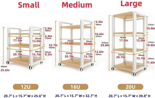 12U/16U/20U Open Frame Server Rack, Multi-Layer Audio Rack with Adjustable Shelves and Wheels, 4 Post AV Rack for Blu-Ray, DVD, Game Consoles, Amplifiers, AV Equipment(Medium)