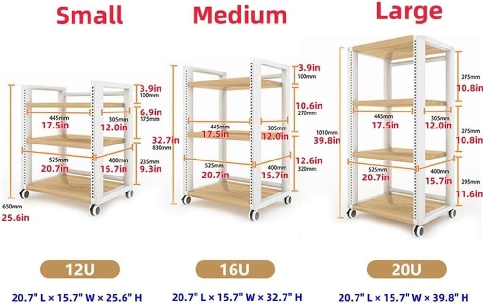 12U/16U/20U Open Frame Server Rack, Multi-Layer Audio Rack with Adjustable Shelves and Wheels, 4 Post AV Rack for Blu-Ray, DVD, Game Consoles, Amplifiers, AV Equipment(Small)