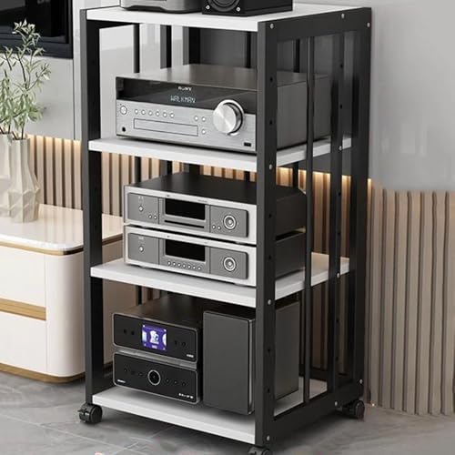 HiFi Audio Stand Rack 2 Tier Media Storage Cabinet with Wheels, Adjustable Record Player & Game Console Shelf, Modern Black & White Design for Home Entertainment