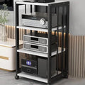 HiFi Audio Stand Rack 2 Tier Media Storage Cabinet with Wheels, Adjustable Record Player & Game Console Shelf, Modern Black & White Design for Home Entertainment