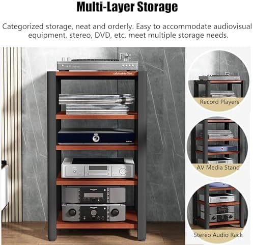 5-Tier Audio Equipment Rack Cabinet, Media Stand for AV Components, Stereo Cabinet with Non-Slip Foot Pads, Vertical Printer Holder, Light Grey, 64cm High