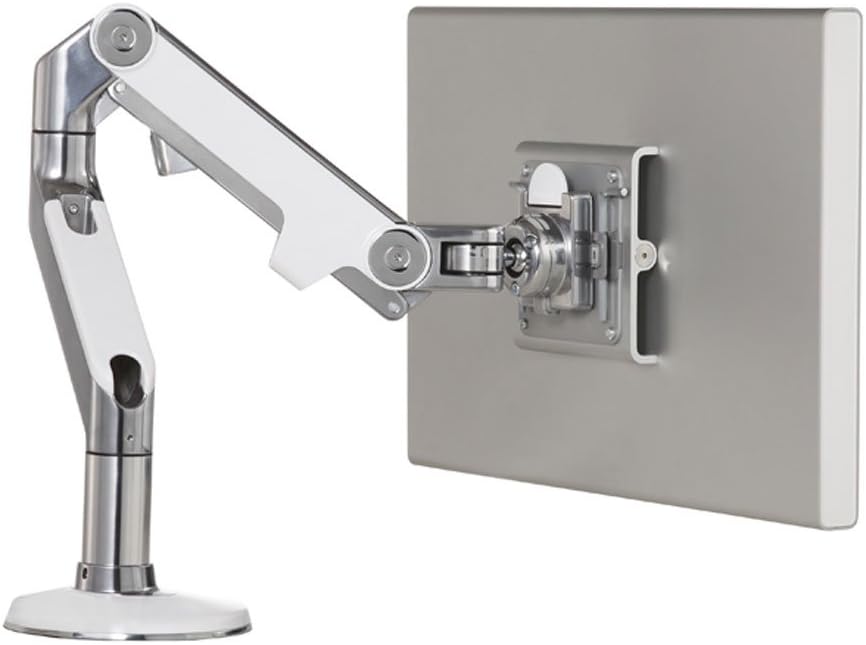 Humanscale M8 Adjustable Articulating Computer Monitor Arm - Two Piece Clamp On Mount with Base - Polished Aluminum with White Trim