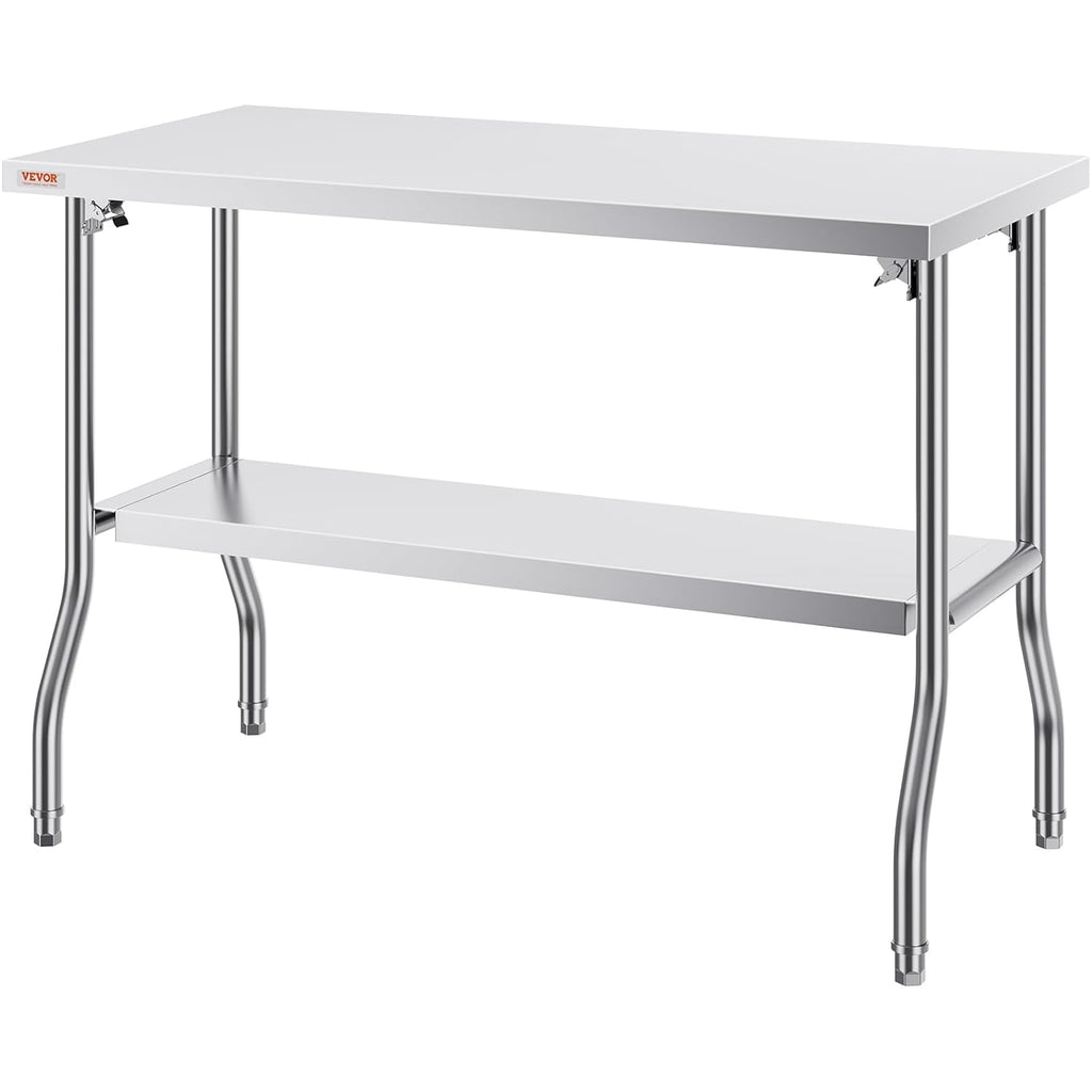 VEVOR Stainless Steel Foldable Work Table, 48 * 24 Inch Heavy Duty Food Outdoor Double Layer Stainless Steel Worktable for Commercial Kitchen Restaurant