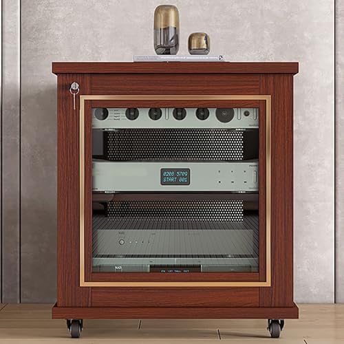 Stylish Stereo Cabinet with Wheels, AV Component Media Stand & Storage Shelves, Wooden Entertainment Center Rack, Modern White & Gold Design for Audio-Video Equipment