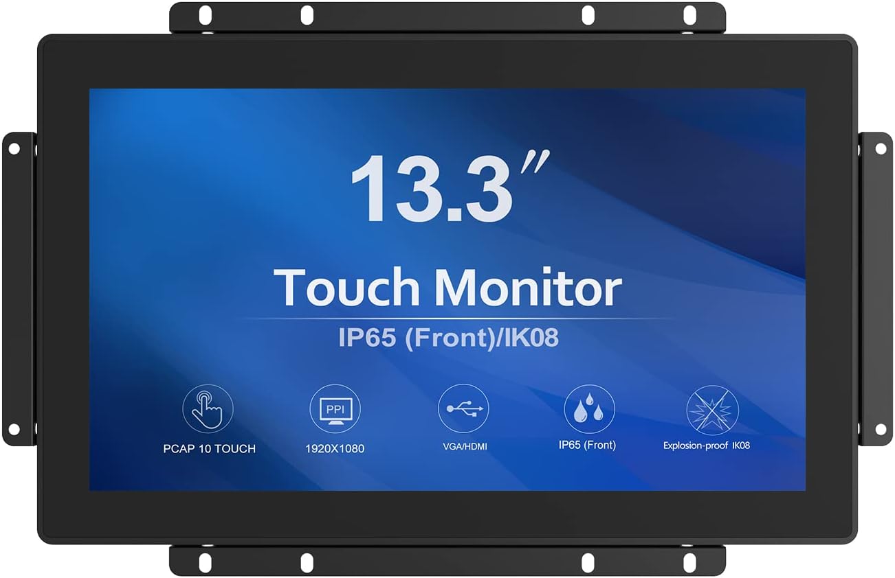 GreenTouch 13.3 Inch 10 Points Open Frame Touch Display, Industrial PCAP Touchscreen Monitor, VGA+HDMI+DVI Port - 16:9