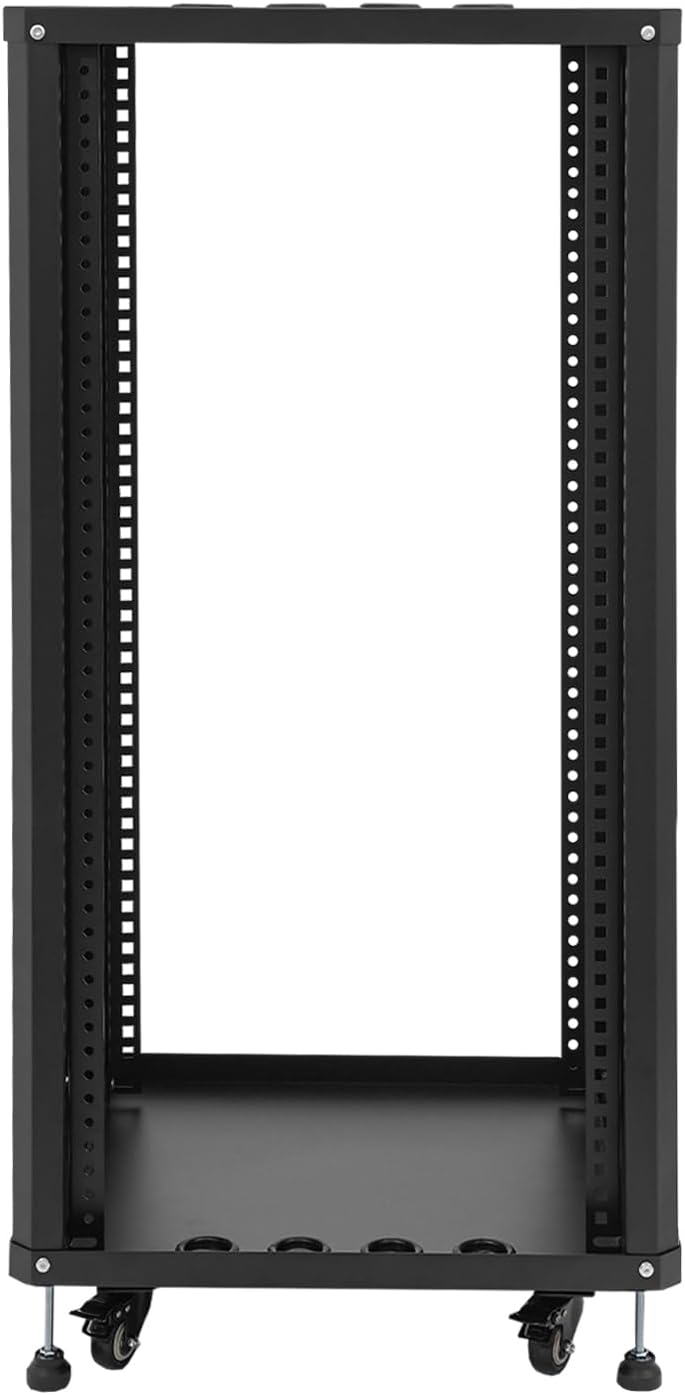 22U Server Rack with Wheels&Leveling Feet,Freestanding Rolling Open Frame IT Network Server Cabinet Rack Shelf for Audio Video Music Recording Computer AV Data & IT Equipment,Up to 300 Lbs Load,Black