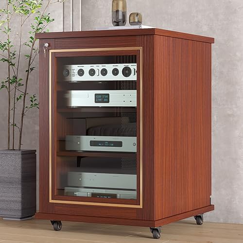 Stylish Stereo Cabinet with Wheels, AV Component Media Stand & Storage Shelves, Wooden Entertainment Center, Modern Stereo Rack for Audio-Video Components (White & Gold, 86)