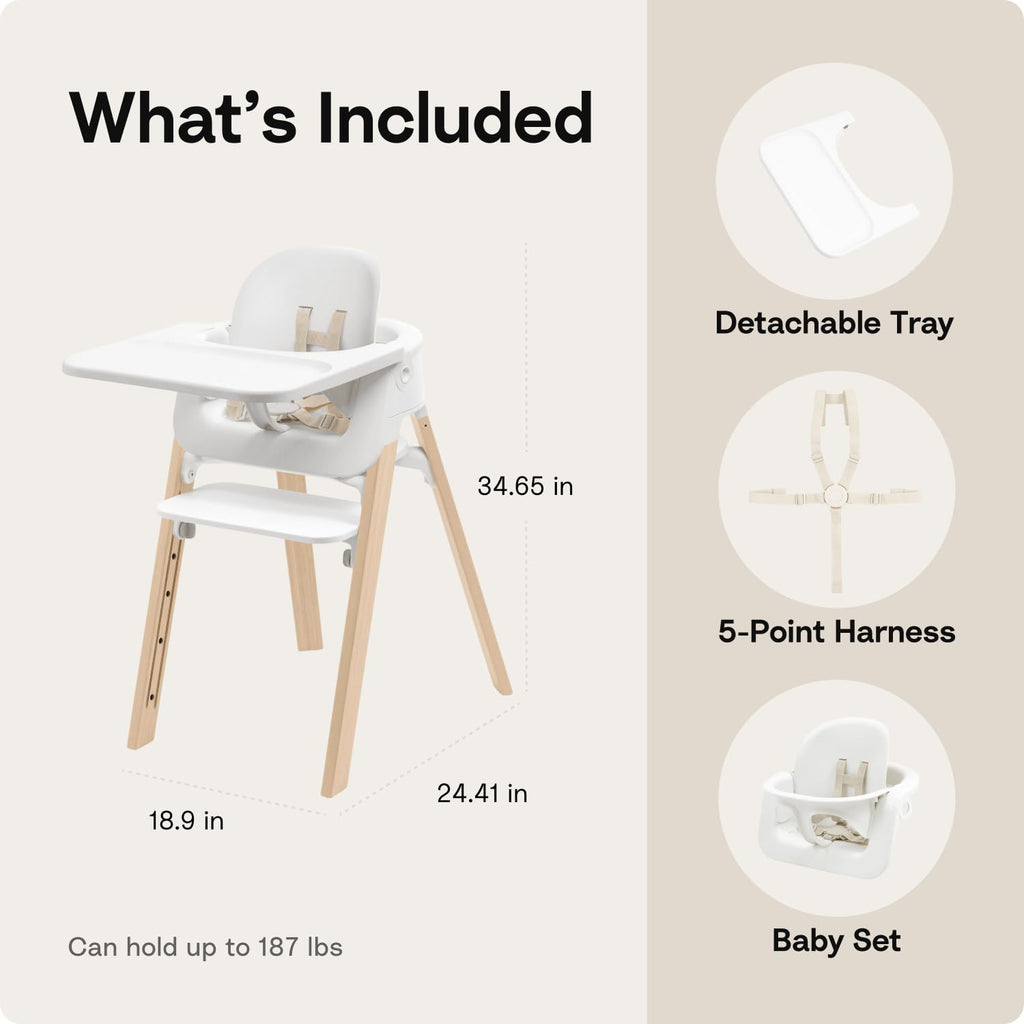 Stokke Steps High Chair for Babies & Children from 6 Months to 10 Years – 2-in-1 Adjustable & Ergonomic Design – Removable Baby Set, Tray & Safety Harness – 18.9 x 24.4 x 34.7 – Black/Warm Brown