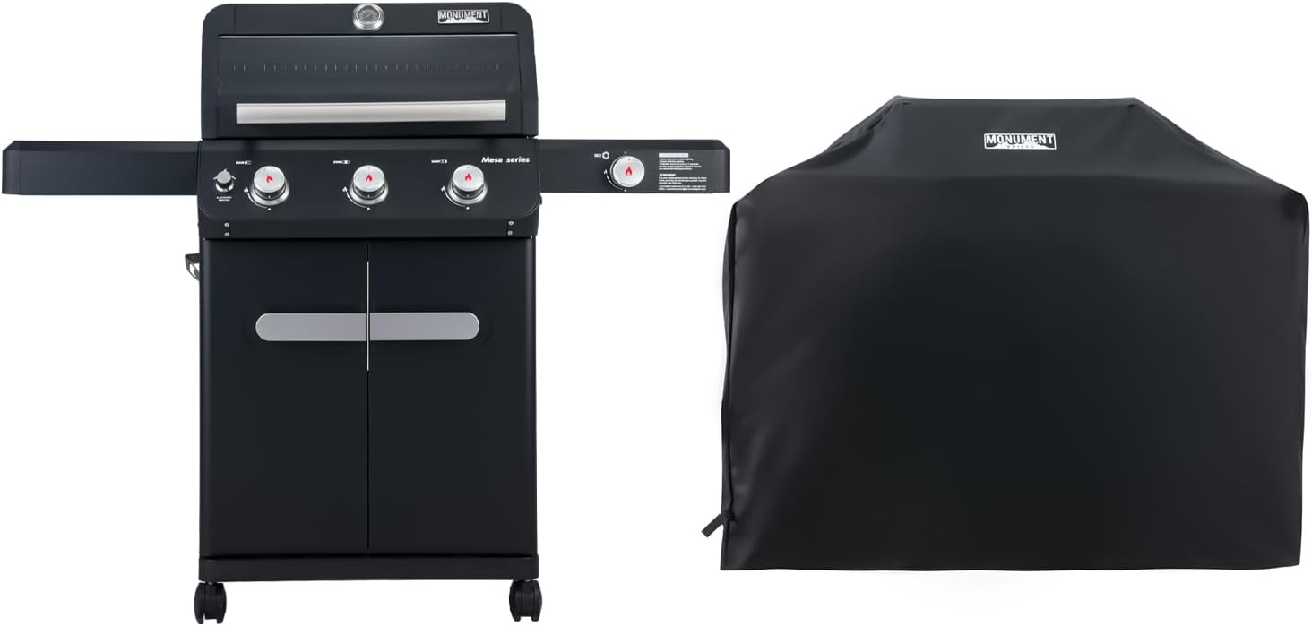 Monument Grills Mesa Series, Outdoor Barbecue Stainless Steel 3 Burner Propane Gas Grill, 48,000 BTU Patio Garden Grill with Side Burner and Knob Controls, Mesa325 with BBQ Cover