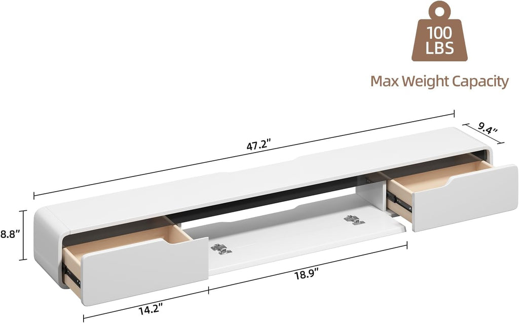 Fully-Assembled Floating TV Stand, 47IN High Gloss Wall Mounted Entertainment Center, Modern Media Console with Storage, Under TV Shelf for Bedroom Living Room White