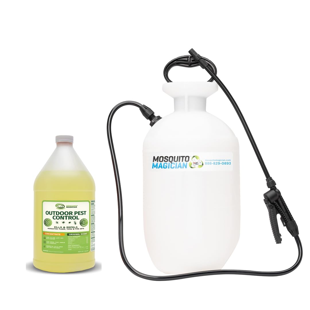 Mosquito Magician 1 Gallon Liquid Concentrate with a 2 Gallon Pump Up Sprayer - User-Friendly - Ideal for Yards, Lawns, Patios - Kills Mosquitoes, Fleas, Fire Ants - Includes 6 Natural Essential Oils