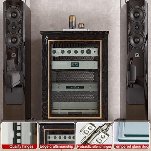 White & Gold Stereo Cabinet with Wheels, AV Component Media Stand, Storage Shelves for Entertainment Center, Wooden Stereo Rack, Stylish Audio-Video Stand, Modern Home Decor