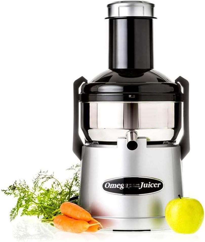 Omega BMJ330 Mega Mouth Juicer with Extra Large Feed Chute For Larger Portions of Fruits & Vegetables Pulp Ejection with Pulp Catch Bucket, 375W, Silver