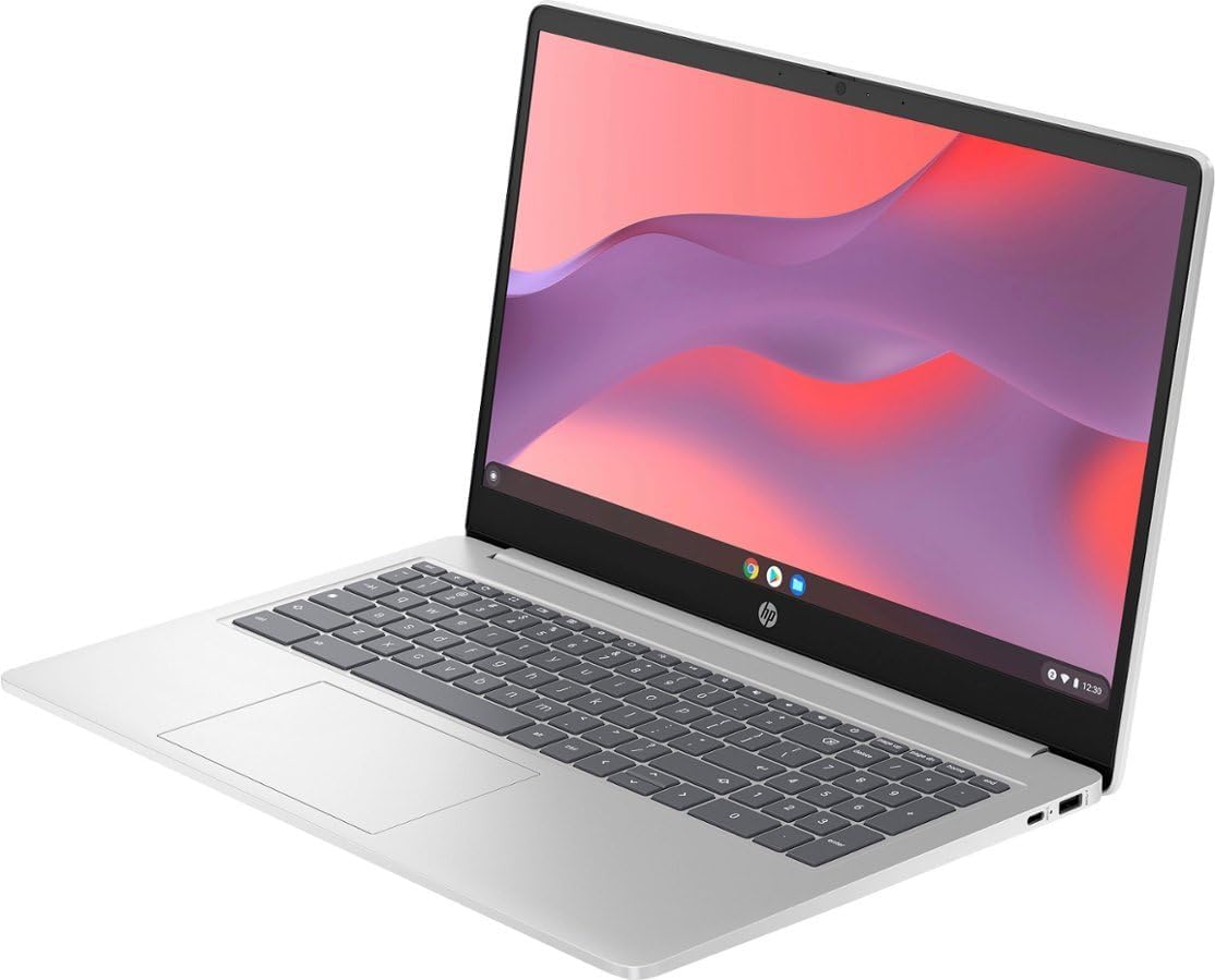 HP 15.6'' HD Chromebook Laptop, Intel Processor N200, 8GB RAM, 64GB eMMC + 64GB Card, Webcam, WiFi, Zoom Meeting, Bluetooth, USB-A&C, Chrome OS- Natural Silver
