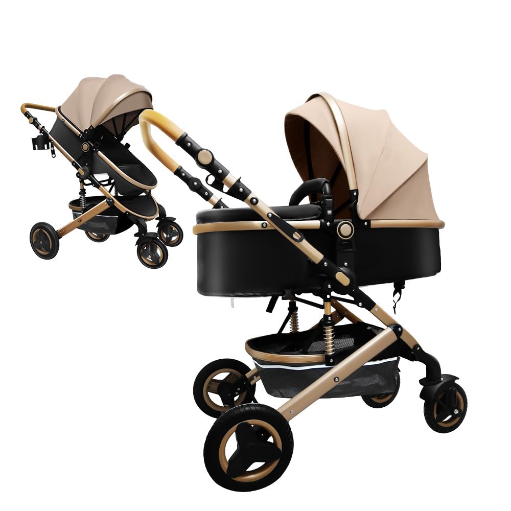 Convertible Baby Stroller with Sleep Recline Sitting Modes Foldable Infant Stroller Reversible Newborn Travel Pram Baby Carriage with Big Rubber Wheels (Pink)